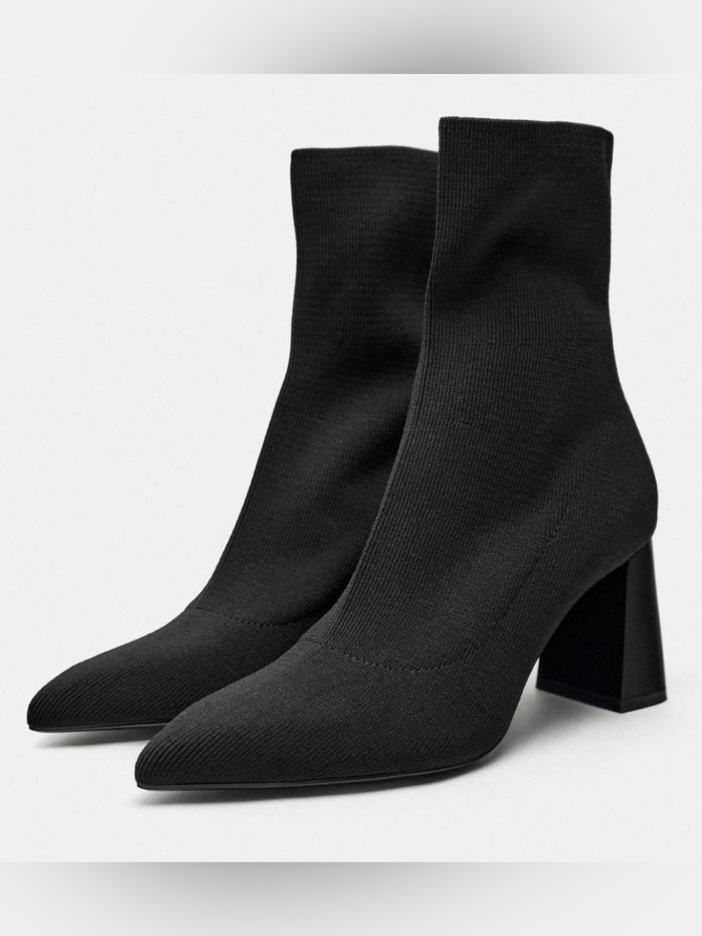 Zara Black Stretch-Knit Pointed Sock Booties with Block Heel